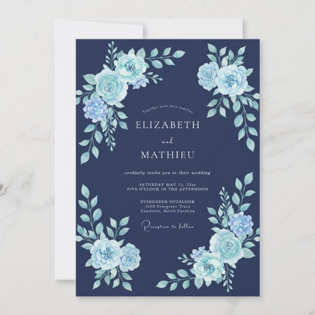 Convites Casamento Floral Ártico Azul Marinho (Frente)