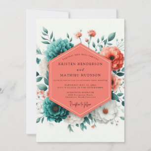 Convites Casamento Floral Artística Coral Viridian