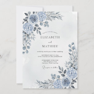 Convites Casamento Floral Artístico Azul Aço