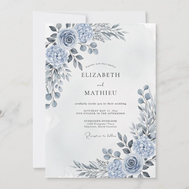 Convites Casamento Floral Artístico Azul Aço (Frente)