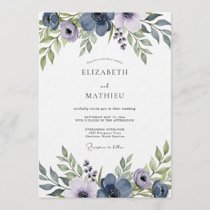 Convites Casamento Floral Artístico Azul Ardósia