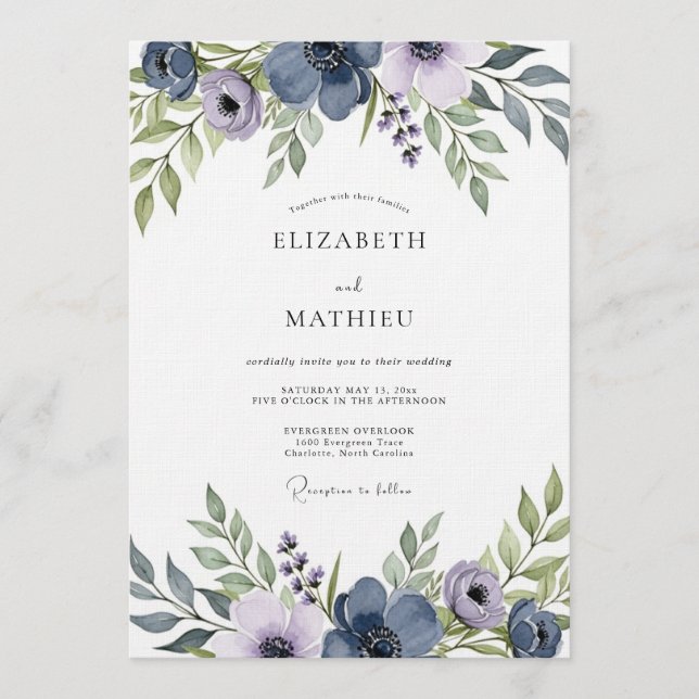 Convites Casamento Floral Artístico Azul Ardósia (Frente)