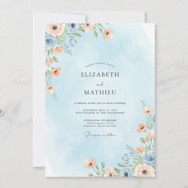 Convites Casamento Floral Artístico Azul Céu (Frente)