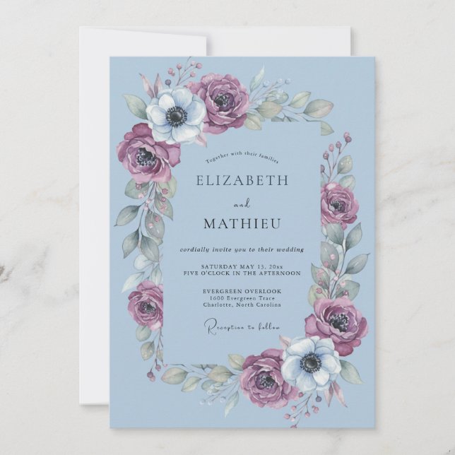 Convites Casamento Floral Artístico Azul Empoeirado (Frente)