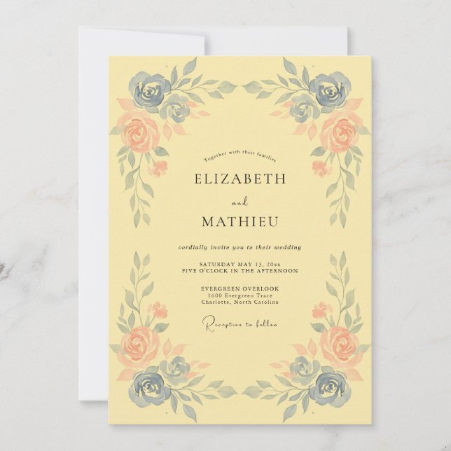 Convites Casamento Floral Artístico Azul Pêssego (Frente)