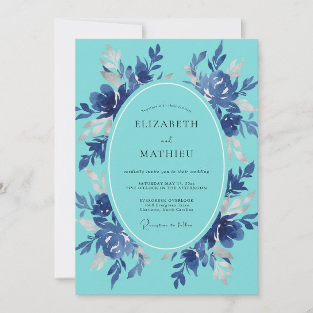 Convites Casamento Floral Artístico Azul Turquesa (Frente)