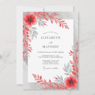 Convites Casamento Floral Artístico Cinza Vermelho