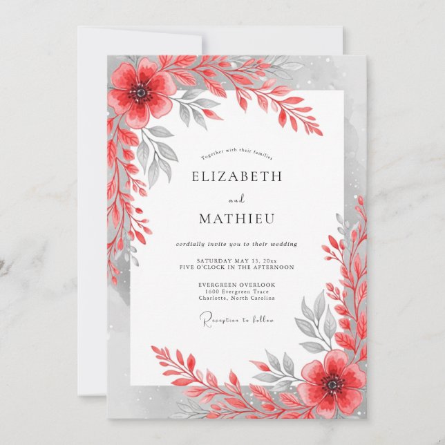 Convites Casamento Floral Artístico Cinza Vermelho (Frente)