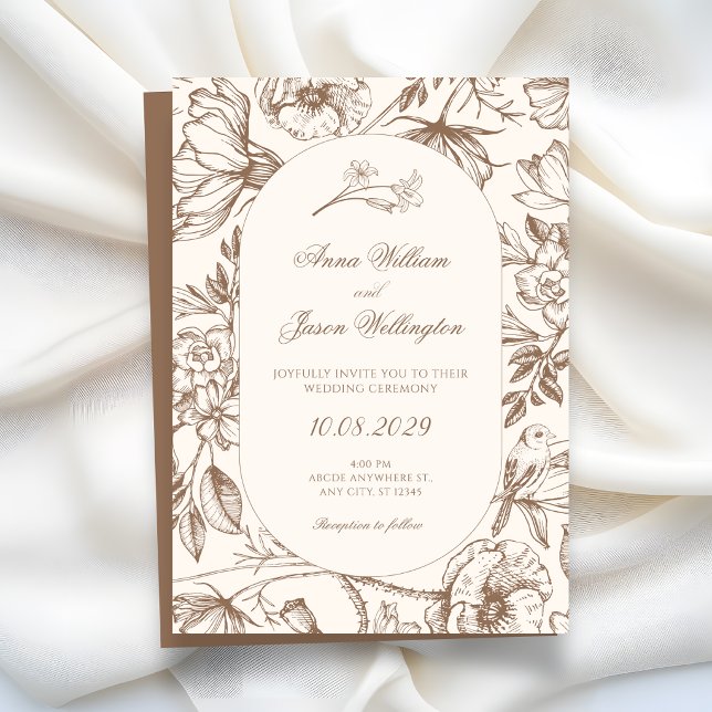 Convites Casamento floral artístico clássico marrom (Criador carregado)