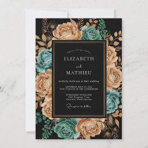 Convites Casamento Floral Artístico Cobre Verde-água