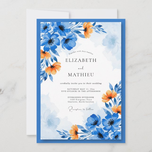 Convites Casamento Floral Artístico Laranja Azul (Frente)