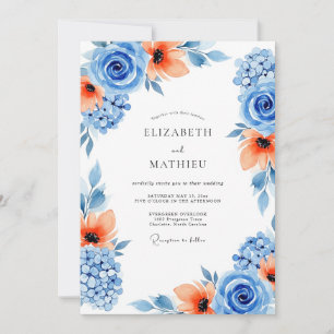 Convites Casamento Floral Artístico Laranja Azul