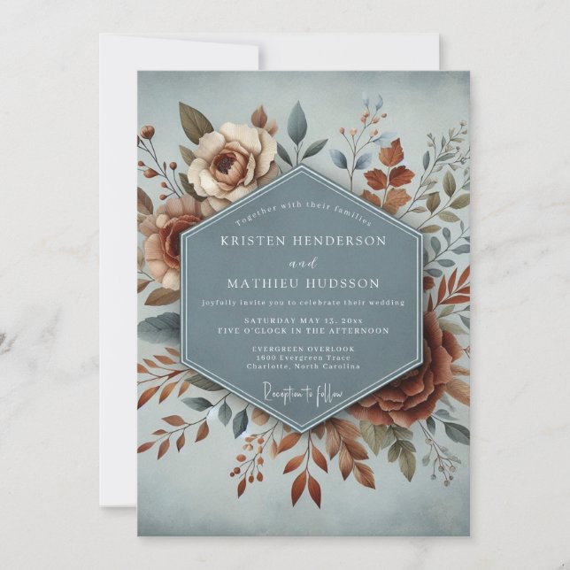 Convites Casamento Floral Artístico Slate & Rust (Frente)