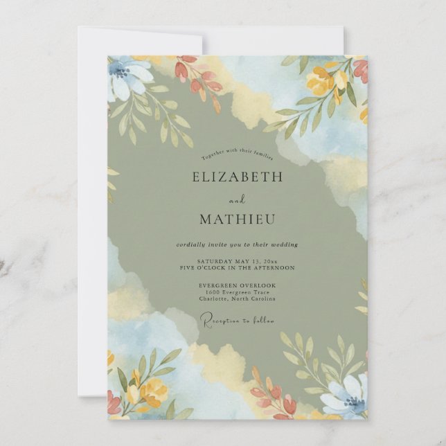 Convites Casamento Floral Artístico Verde Sálvia (Frente)