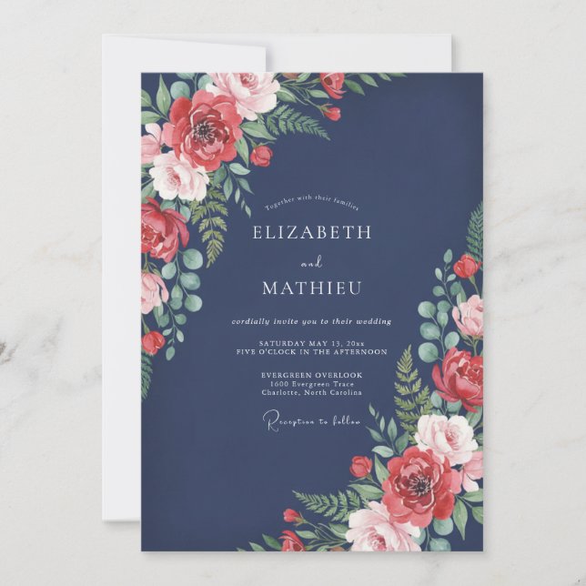 Convites Casamento Floral Atemporal Azul Marinho (Frente)