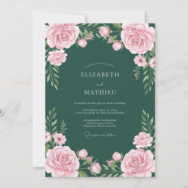 Convites Casamento Floral Atemporal Esmeralda Verde (Frente)