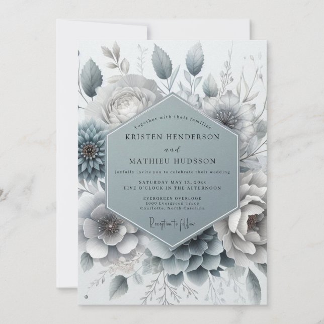 Convites Casamento Floral Aura Azul Ardósia (Frente)