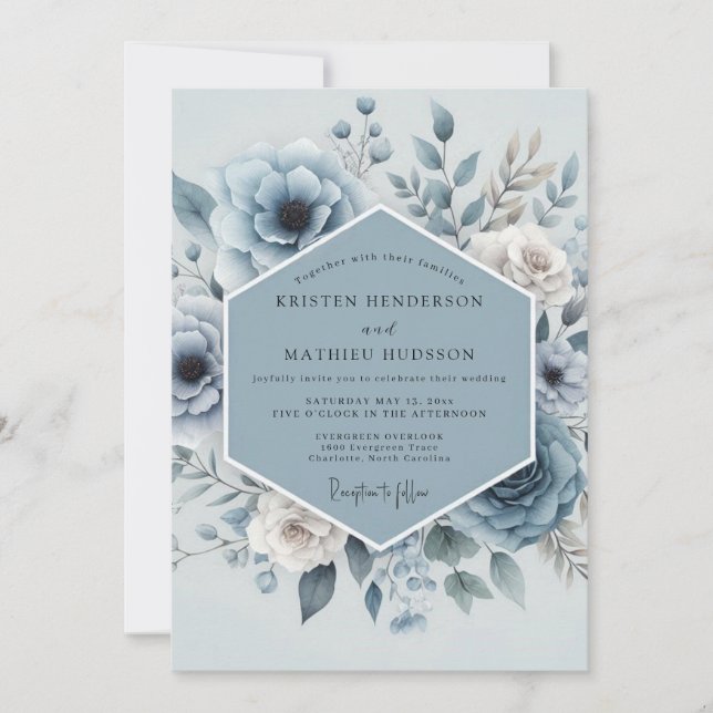 Convites Casamento Floral Azul (Frente)