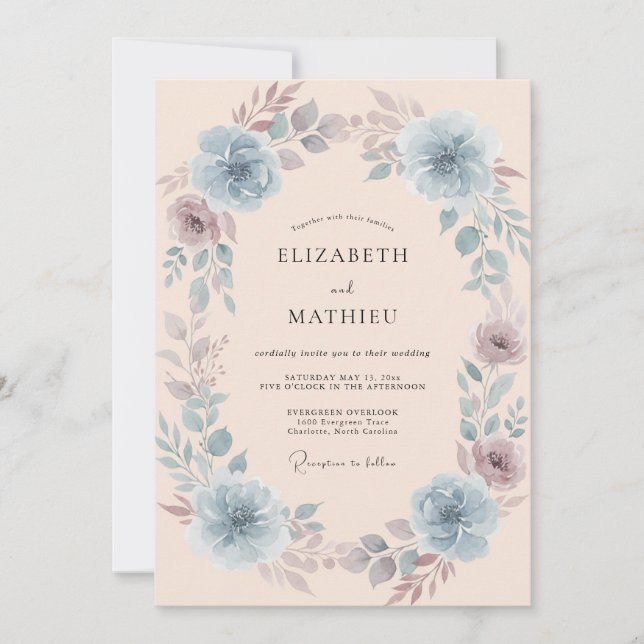 Convites Casamento Floral Azul (Frente)