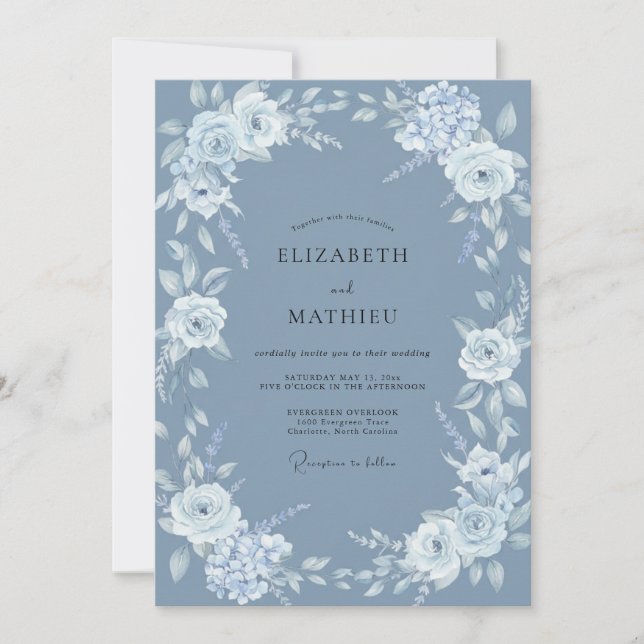 Convites Casamento Floral Azul Aço Elegante (Frente)