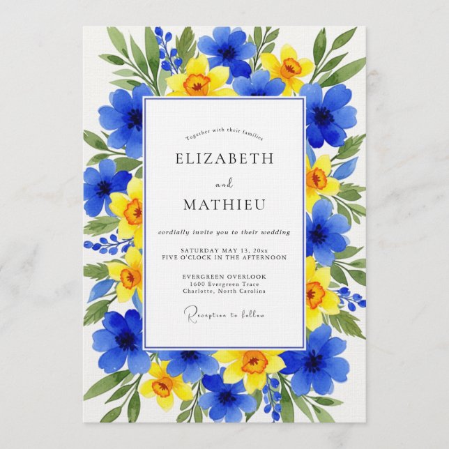Convites Casamento Floral Azul Amarelo (Frente)