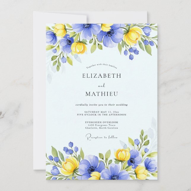 Convites Casamento Floral Azul Amarelo de Primavera (Frente)