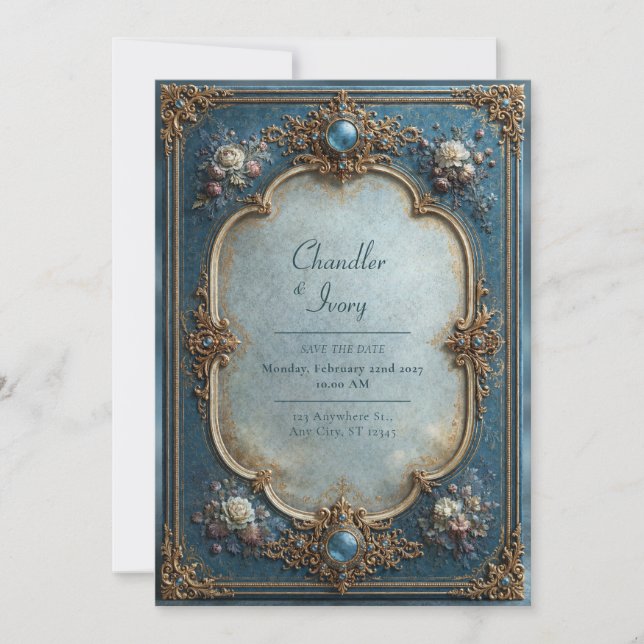 Convites Casamento Floral Azul Antigo (Frente)
