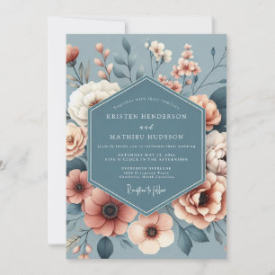 Convites Casamento Floral Azul Ardesia Pintado à Mão