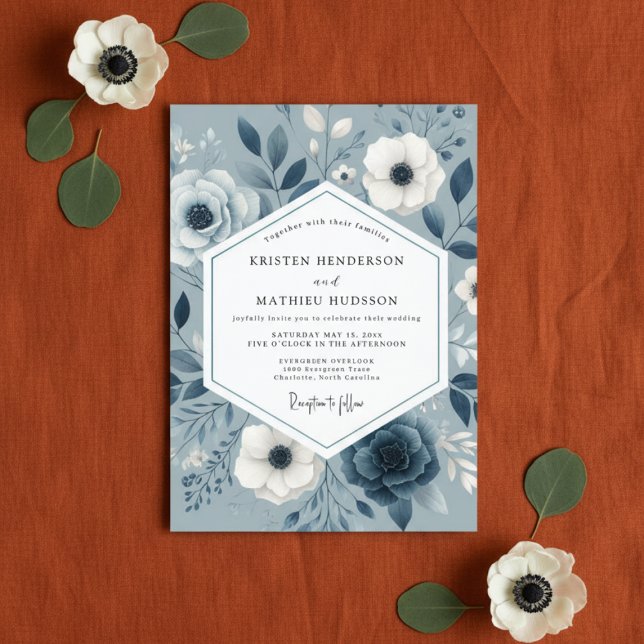 Convites Casamento Floral Azul Ardesia Romance (Criador carregado)