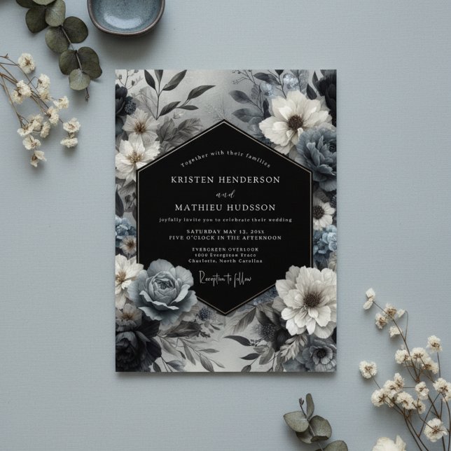 Convites Casamento Floral Azul Ardósia (Criador carregado)