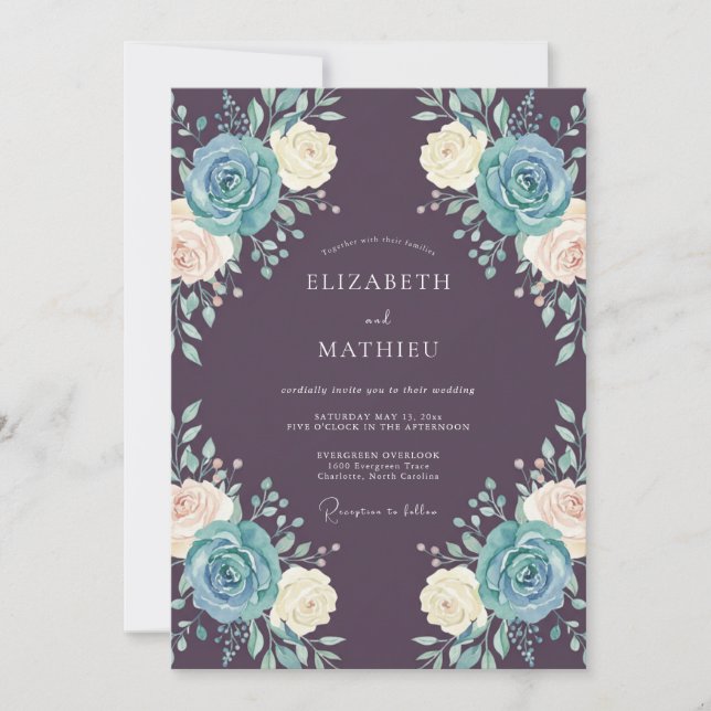 Convites Casamento Floral Azul Ardósia Ameixa (Frente)