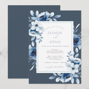 Convites Casamento Floral Azul Ardósia Elegante