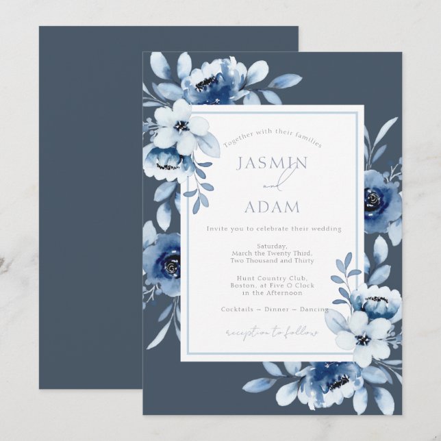 Convites Casamento Floral Azul Ardósia Elegante  (Frente/Verso)