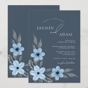 Convites Casamento Floral Azul Ardósia Elegante