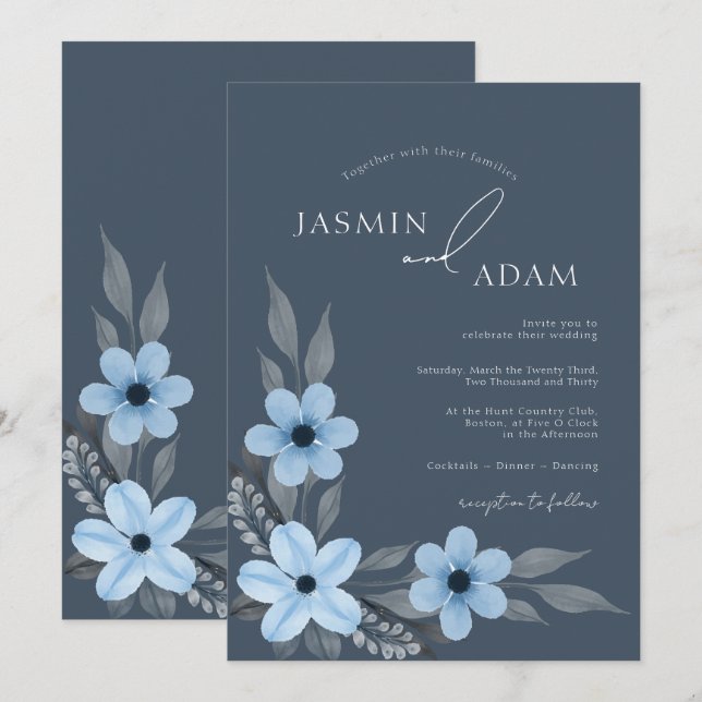 Convites Casamento Floral Azul Ardósia Elegante (Frente/Verso)