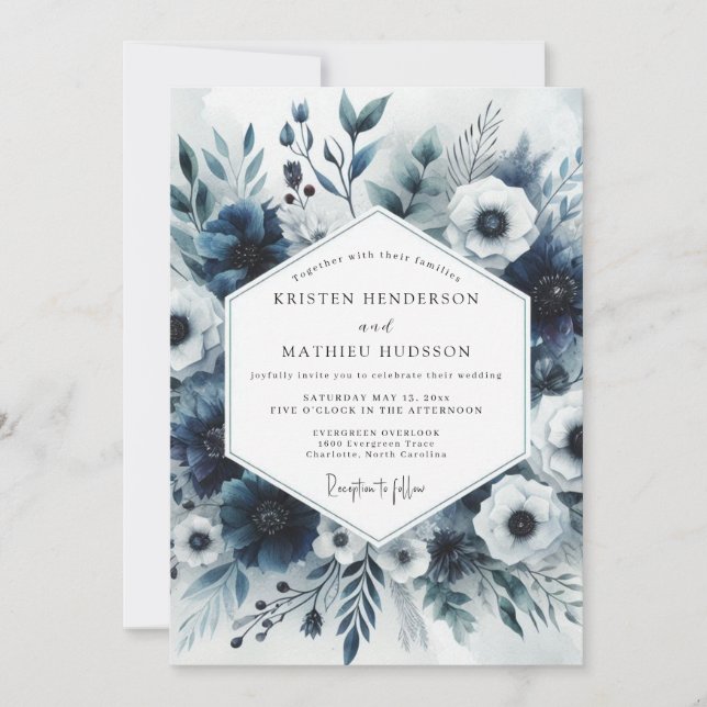Convites Casamento Floral Azul Ardósia em Flor (Frente)
