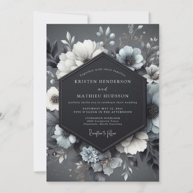 Convites Casamento Floral Azul Arraste Sombrio (Frente)