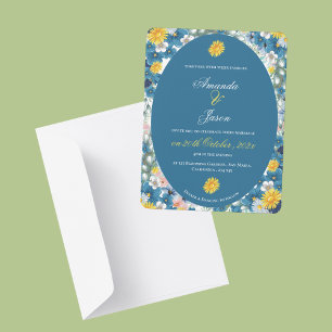 Convites Casamento Floral Azul Azul Branco bonito Amarelo