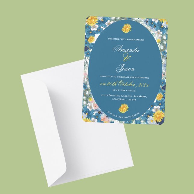 Convites Casamento Floral Azul Azul Branco bonito Amarelo (Pretty Yellow Sunflower White Blue Floral Wedding Invitation)