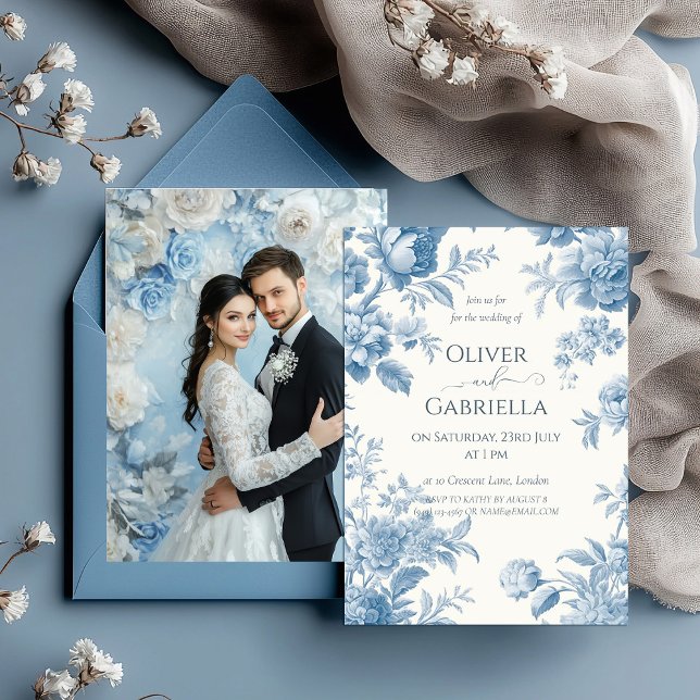 Convites Casamento Floral Azul-Azul, Toile Francesa Elegant (Criador carregado)