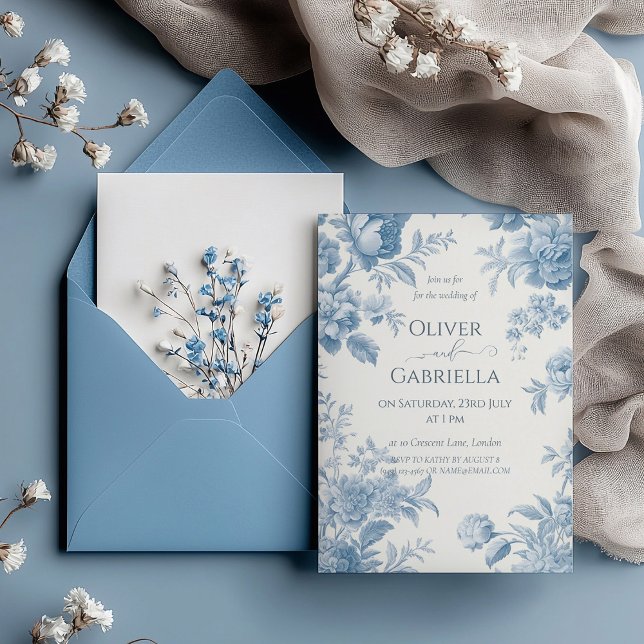 Convites Casamento Floral Azul-Azul, Toile Francesa Elegant (Criador carregado)