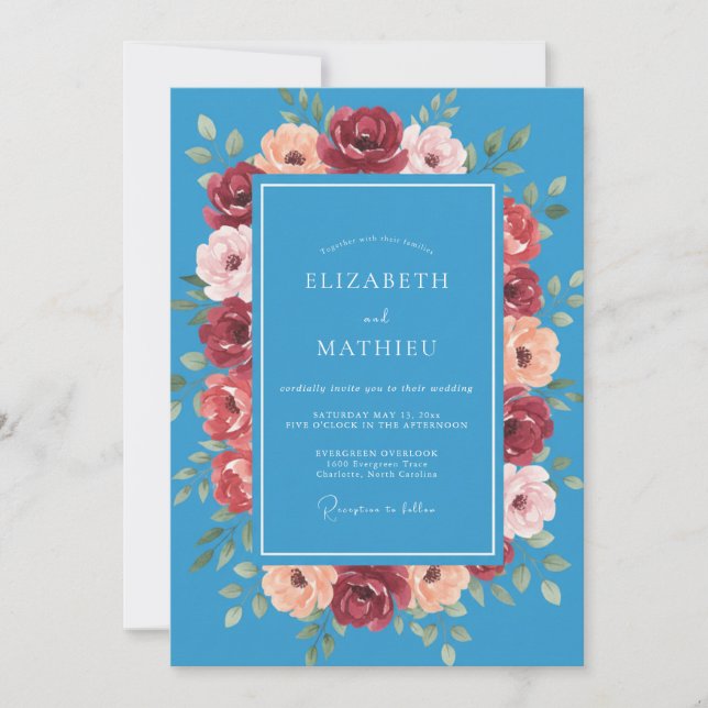 Convites Casamento Floral Azul Azure Vibrante (Frente)