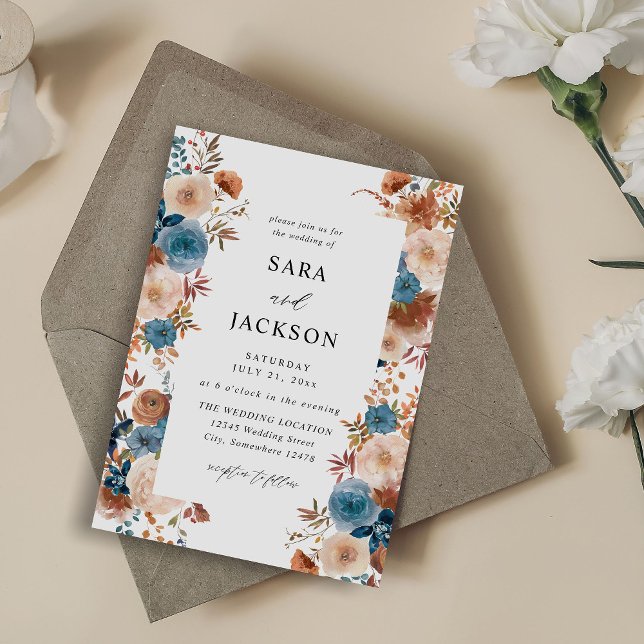 Convites Casamento Floral Azul Beige & Dusty (Criador carregado)