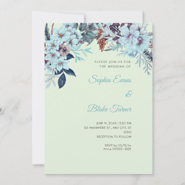 Convites Casamento Floral Azul Boho Inverno Verde Claro (Frente)