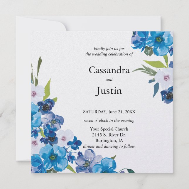 Convites Casamento Floral Azul bonito (Frente)