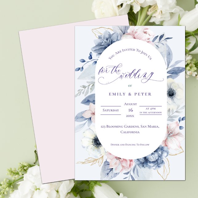 Convites Casamento Floral Azul bonito Dusty Watercolor (Pretty Watercolor Dusty Blue Floral Wedding Invitation)