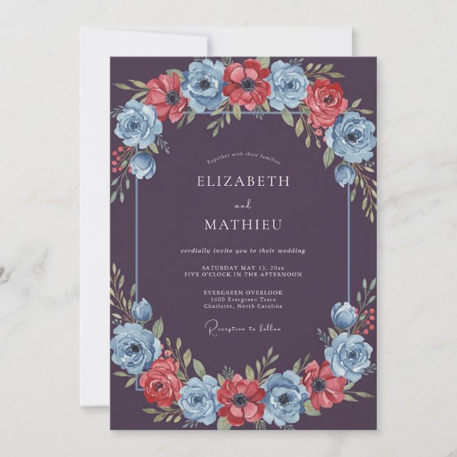 Convites Casamento Floral Azul Borgonha Ameixa (Frente)