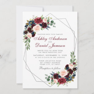 Convites Casamento Floral Azul Borgonha Geométrico
