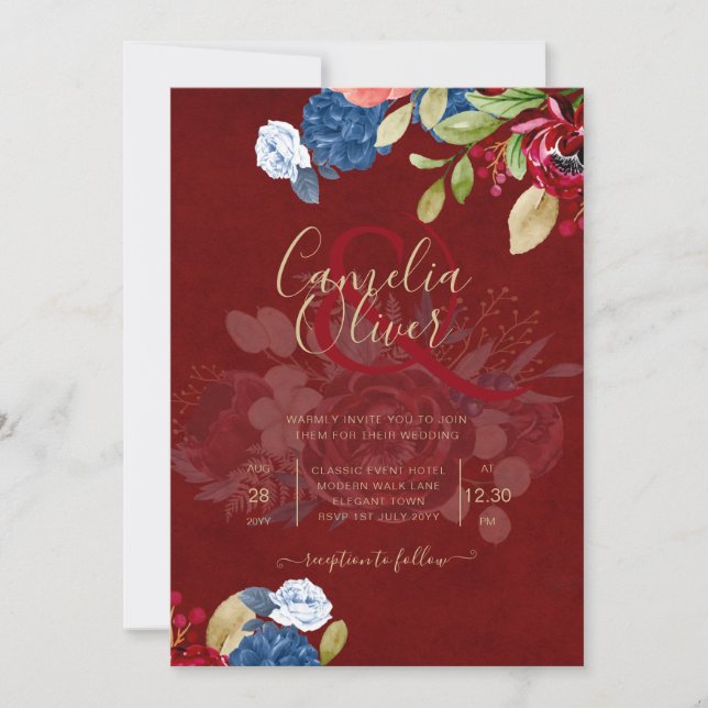 Convites Casamento Floral Azul Borgonha Rústico (Frente)