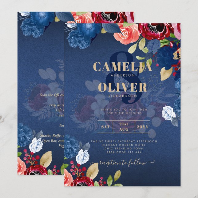 Convites Casamento Floral Azul Borgonha Rústico (Frente/Verso)